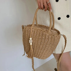 Summer Women Tassels Straw Bucket Bags Casual Lady Seaside Woven Totes