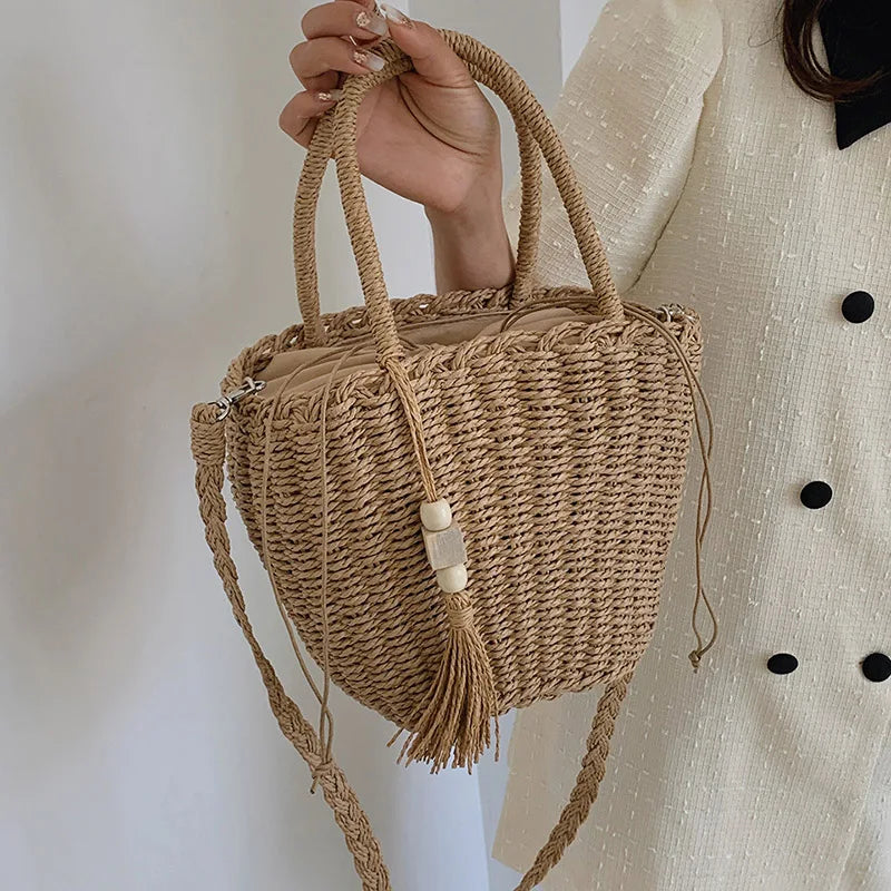 Summer Women Tassels Straw Bucket Bags Casual Lady Seaside Woven Totes