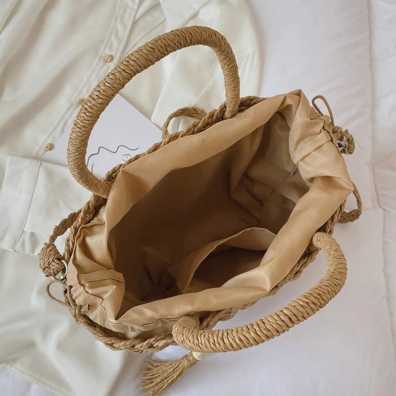 Summer Women Tassels Straw Bucket Bags Casual Lady Seaside Woven Totes