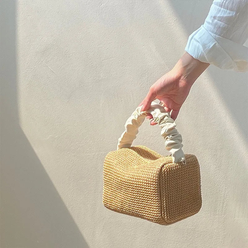 Summer Straw Woven Bag Retro Pleat Square Beach Bag