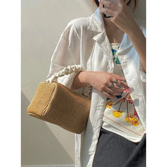 Summer Straw Woven Bag Retro Pleat Square Beach Bag