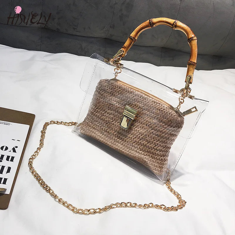 Small Beach Handbag Transparent Women Hand Bags Chain Straw bag