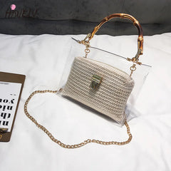 Small Beach Handbag Transparent Women Hand Bags Chain Straw bag