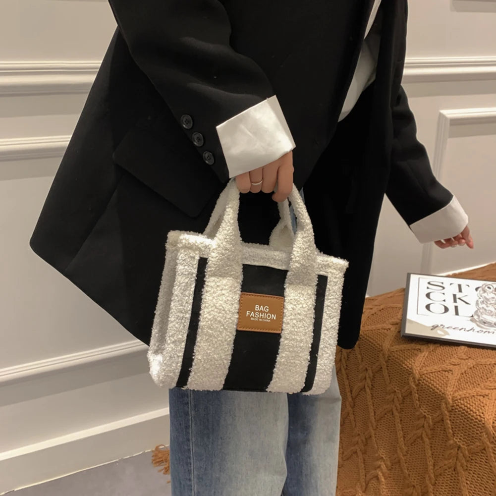 Women's Faux Suede Fur Splicing Tote Small Bag Purse