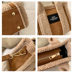 Women's Faux Suede Fur Splicing Tote Small Bag Purse