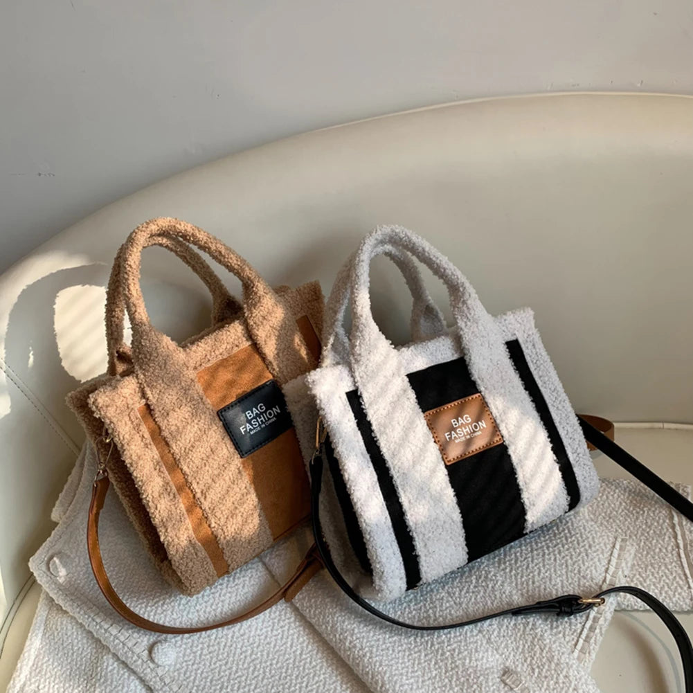 Women's Faux Suede Fur Splicing Tote Small Bag Purse