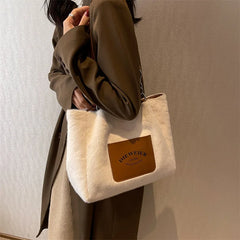 Faux Fur Top Handle Tote Beige Chain Shoulder Bag Lady Handbag