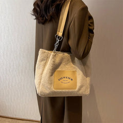 Faux Fur Top Handle Tote Beige Chain Shoulder Bag Lady Handbag