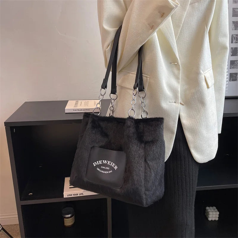 Faux Fur Top Handle Tote Beige Chain Shoulder Bag Lady Handbag
