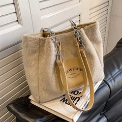 Faux Fur Top Handle Tote Beige Chain Shoulder Bag Lady Handbag