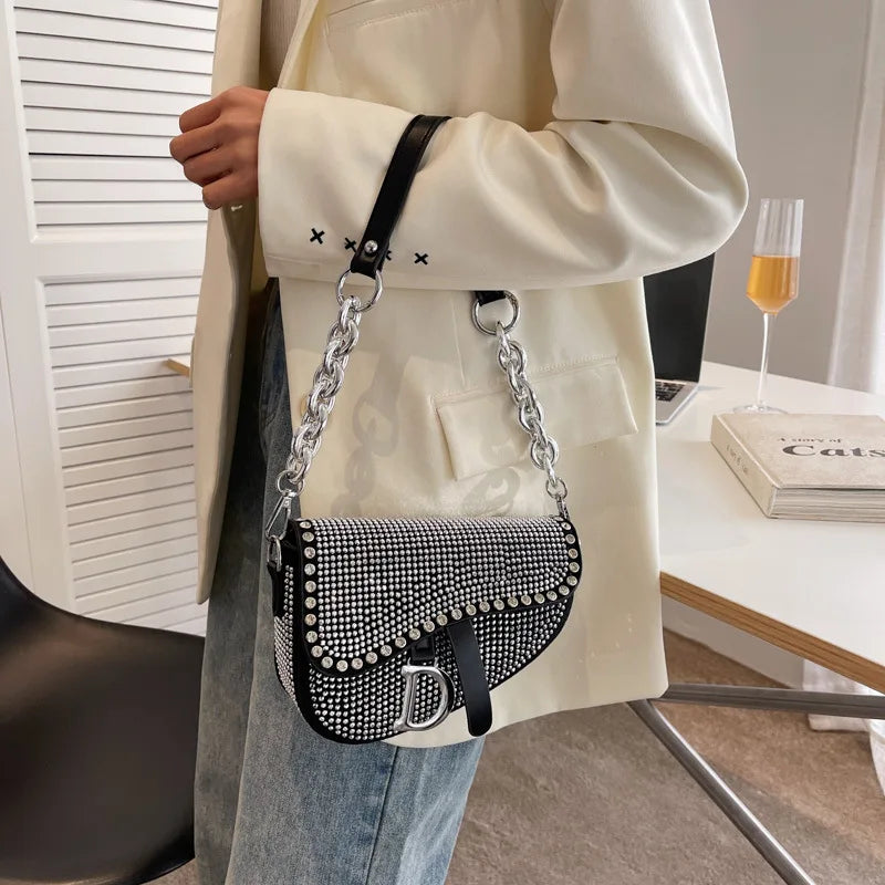 High-Grade Chain Diamond Crossbody Saddle Bag