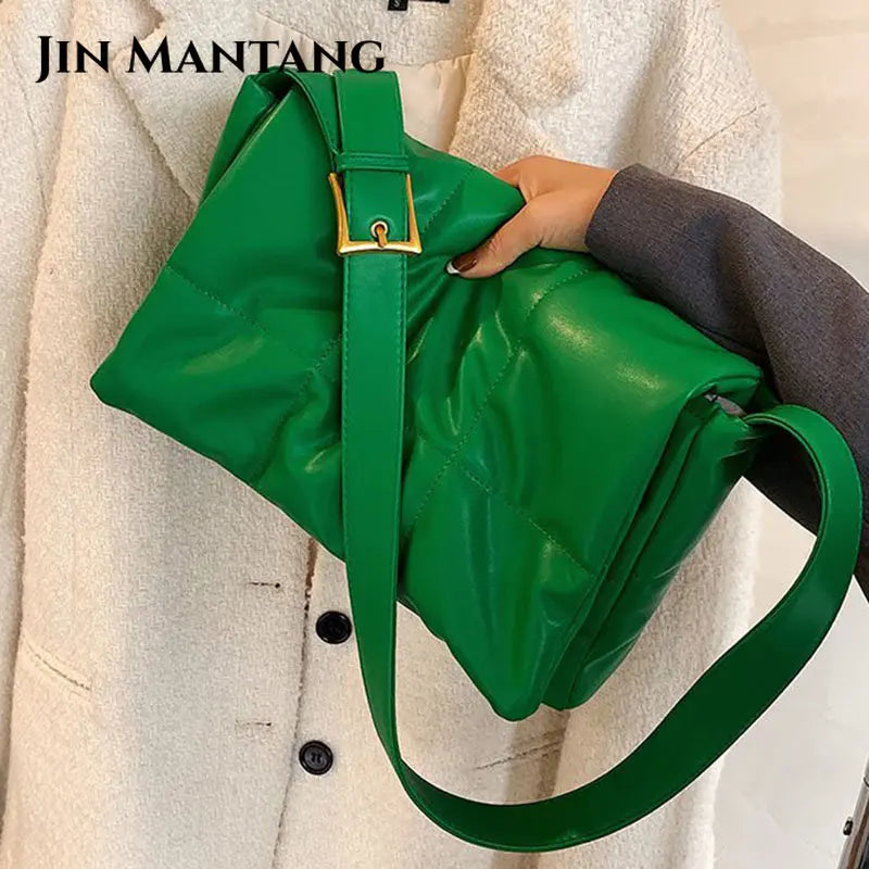 Winter Quilted Ladies Padded Shoulder Crossbody Bag Soft PU Leather Messenger