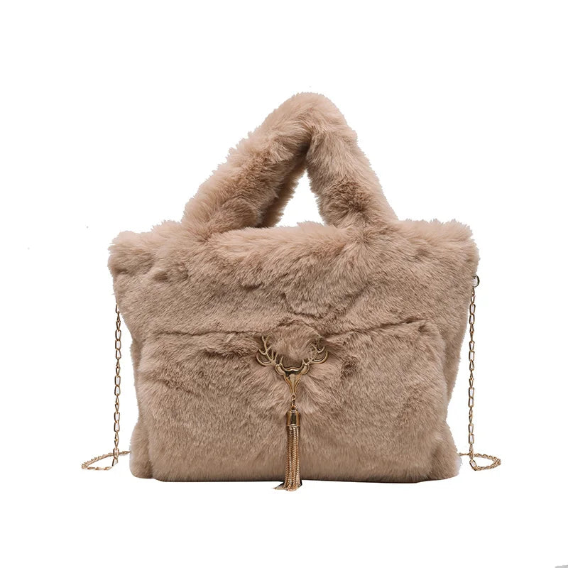 Winter Plush Shoulder Bags for Women Tote Bags Faux Fur Ladies Purses
