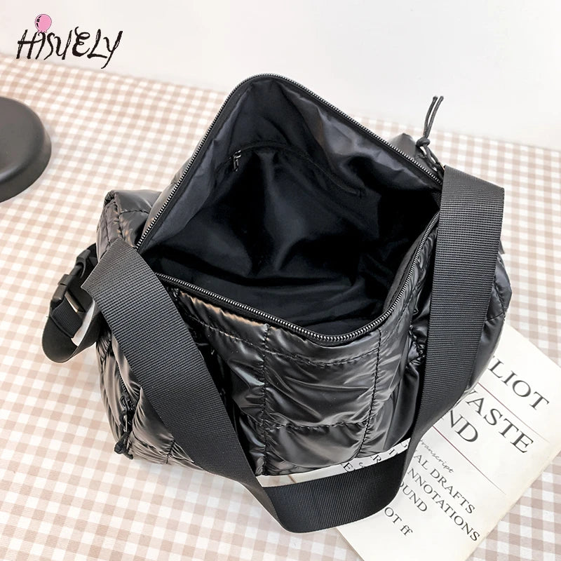 Winter Retro Check Fluffy Tote Bag Cross Body Space Pad Cotton Down Shoulder Bag
