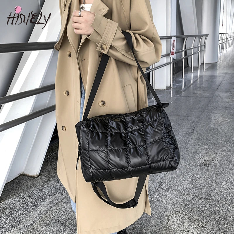 Winter Retro Check Fluffy Tote Bag Cross Body Space Pad Cotton Down Shoulder Bag