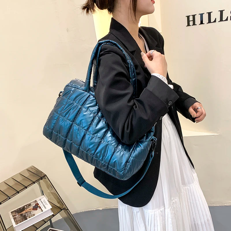 Winter Shopper Travel Handbags Nylon Waterproof Grid Soft Totes High Capacity
