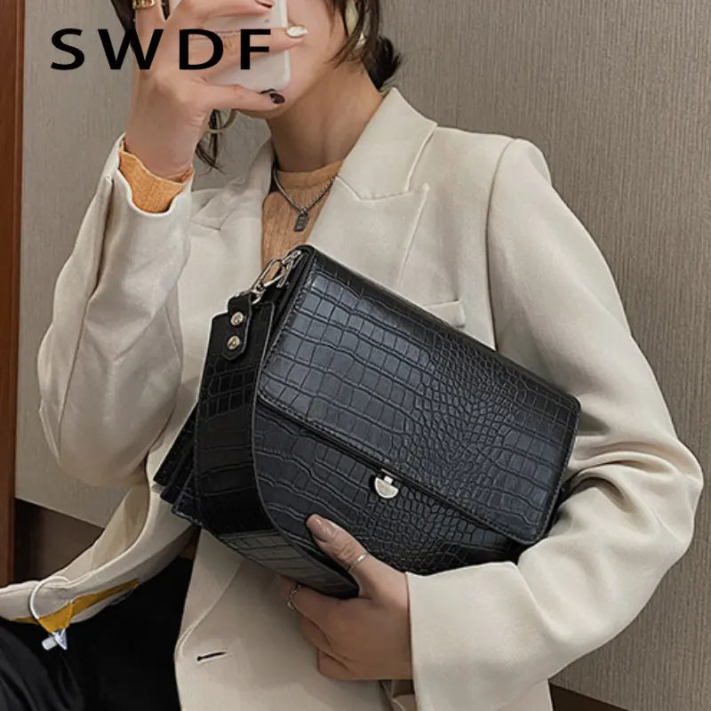 Winter Women Handbags Vintage Crocodile Patent Shoulder Crossbody Bags Totes