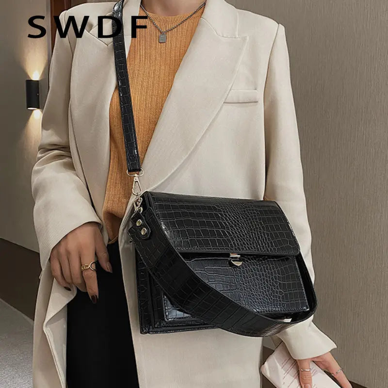 Winter Women Handbags Vintage Crocodile Patent Shoulder Crossbody Bags Totes