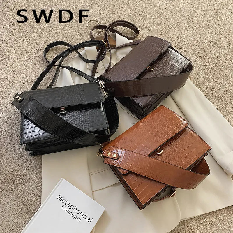 Winter Women Handbags Vintage Crocodile Patent Shoulder Crossbody Bags Totes