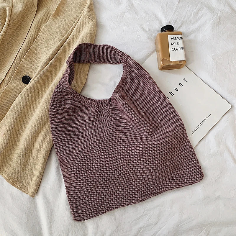 Wool Knit Shoulder Bag Retro Tote Handbag Women Cotton Shopping Bag