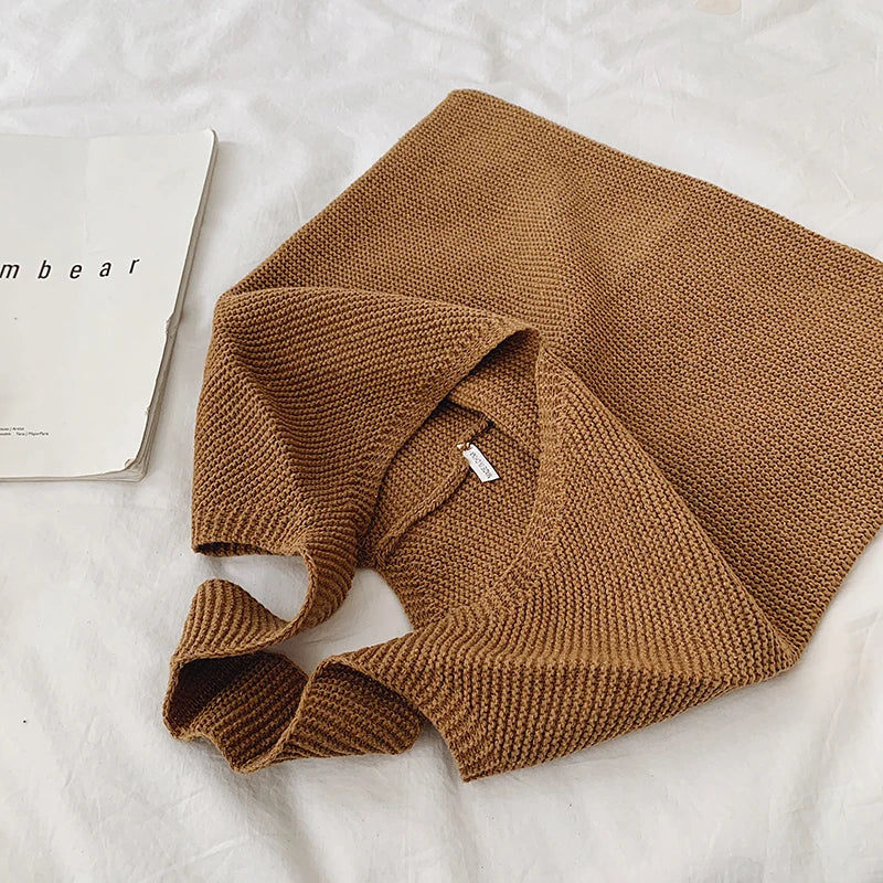 Wool Knit Shoulder Bag Retro Tote Handbag Women Cotton Shopping Bag