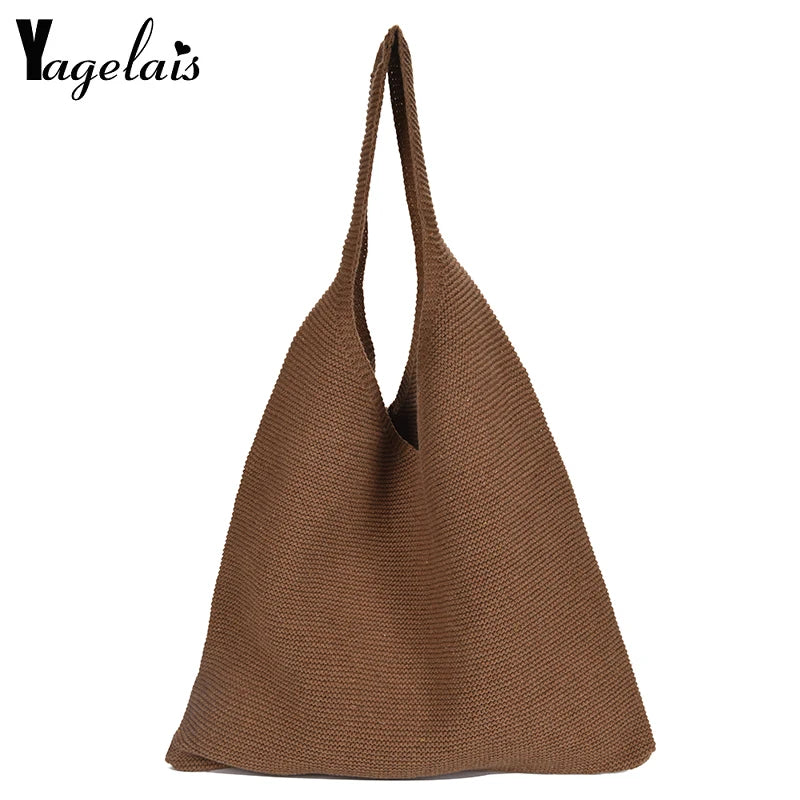 Wool Knit Shoulder Bag Retro Tote Handbag Women Cotton Shopping Bag
