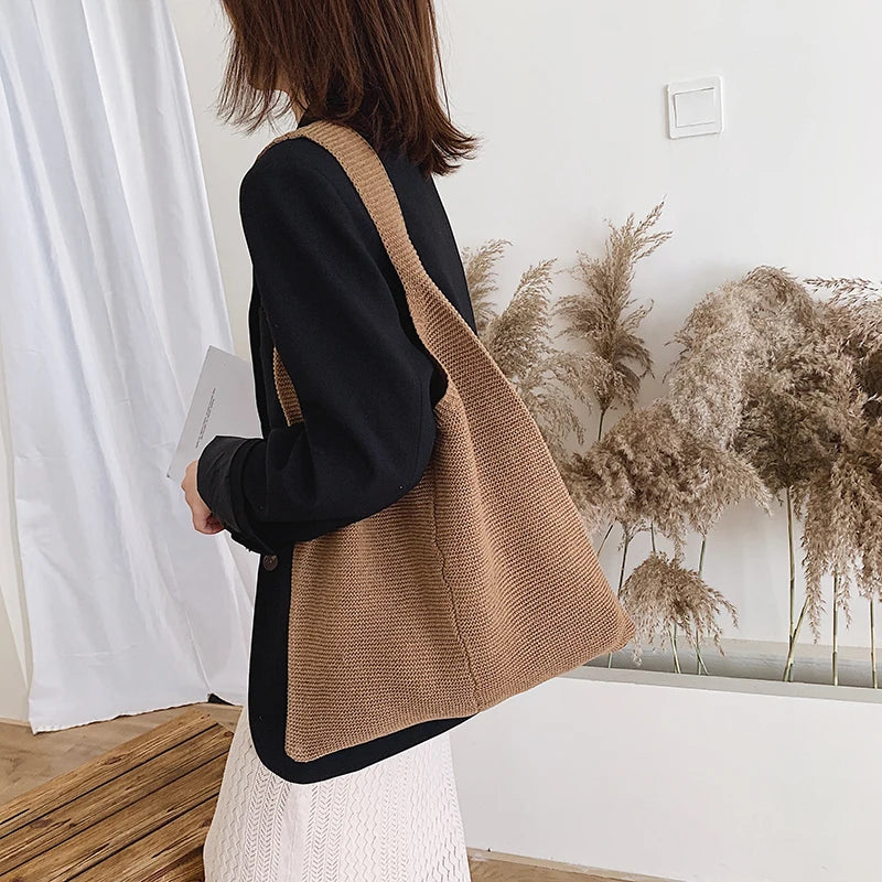 Wool Knit Shoulder Bag Retro Tote Handbag Women Cotton Shopping Bag