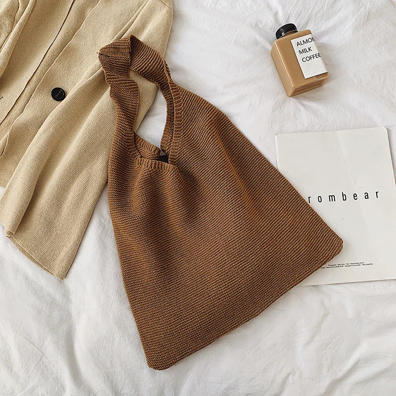 Wool Knit Shoulder Bag Retro Tote Handbag Women Cotton Shopping Bag