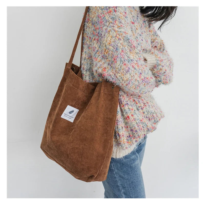 Women Corduroy Canvas Tote Casual Shoulder Bag Foldable Reusable Shopping Beach