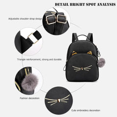 Cat Print PU Leather School Backpack for Girls