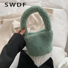 Women Plush Tote Handbag Lamb Fabric Wrist Bag Fluffy Makeup Bag Canvas