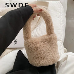 Women Plush Tote Handbag Lamb Fabric Wrist Bag Fluffy Makeup Bag Canvas