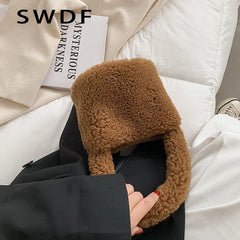 Women Plush Tote Handbag Lamb Fabric Wrist Bag Fluffy Makeup Bag Canvas