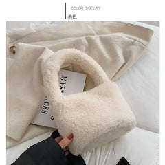 Women Plush Tote Handbag Lamb Fabric Wrist Bag Fluffy Makeup Bag Canvas