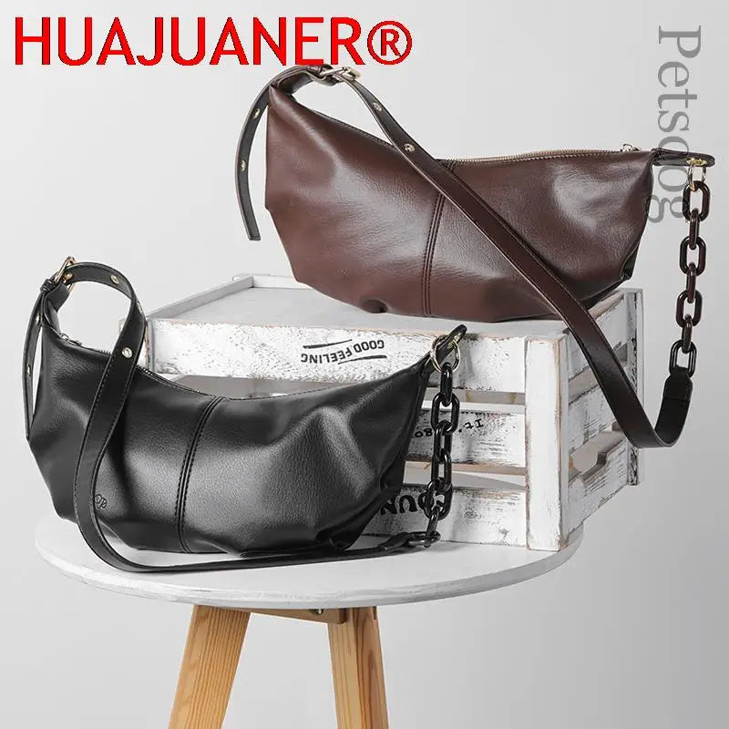 Soft Leather Handbags Vintage Crossbody Bags Solid Chains Shoulder Bags