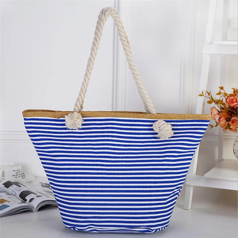 Women Straw Shoulder Bags Large Size Beach Bags Striped Travel Bags