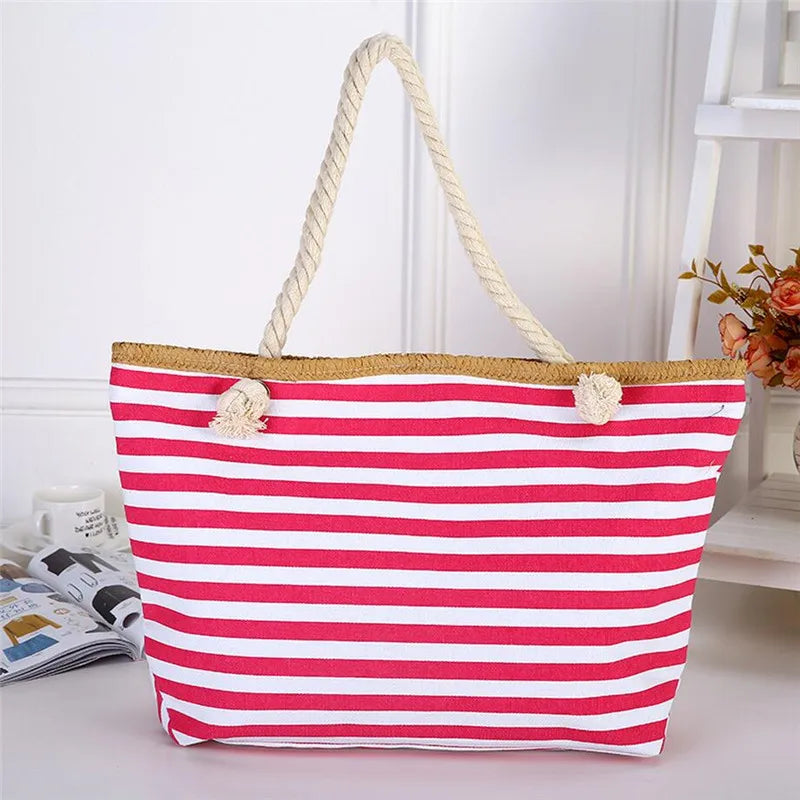 Women Straw Shoulder Bags Large Size Beach Bags Striped Travel Bags