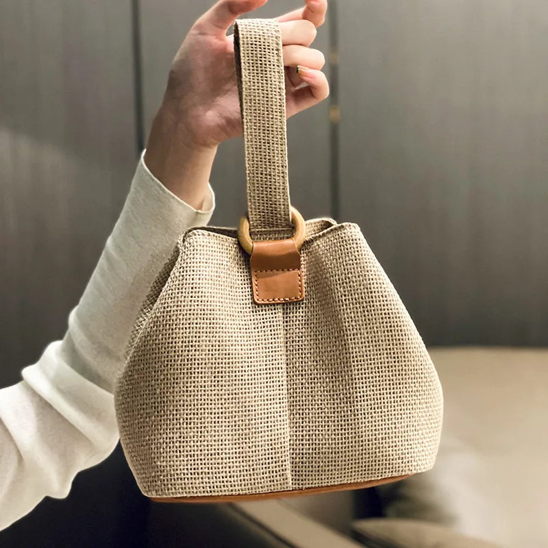 Women Straw Bucket Bag Rattan Handbag Beach Bohemia Tote Vacation Shopper