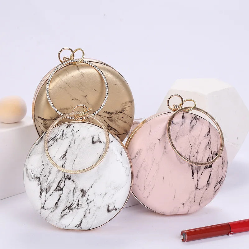 Women Round Evening Bag PU Leather Handbag Clutches Chain Shoulder Bags