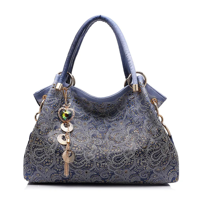 Hollow Out Handbag Floral Print Shoulder Bag PU Leather Tote Bag