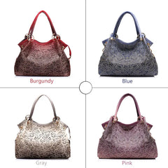 Hollow Out Handbag Floral Print Shoulder Bag PU Leather Tote Bag