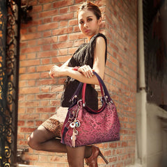 Hollow Out Handbag Floral Print Shoulder Bag PU Leather Tote Bag
