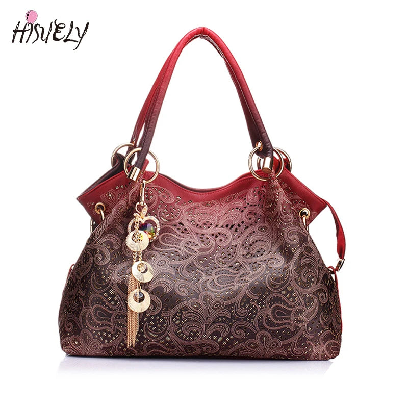Hollow Out Handbag Floral Print Shoulder Bag PU Leather Tote Bag
