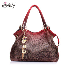 Hollow Out Handbag Floral Print Shoulder Bag PU Leather Tote Bag