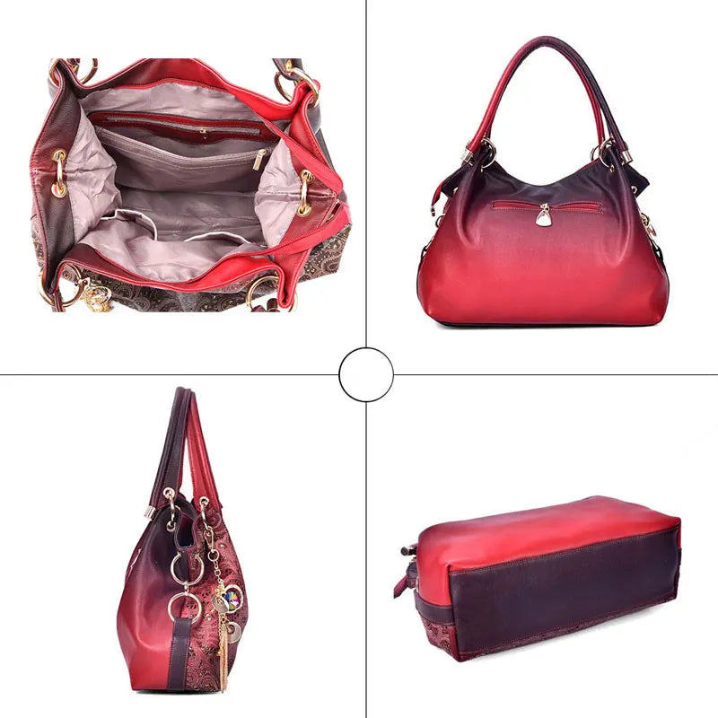 Hollow Out Handbag Floral Print Shoulder Bag PU Leather Tote Bag