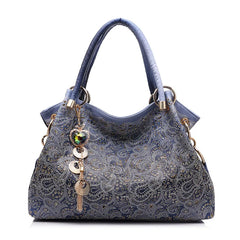 Hollow Out Handbag Floral Print Shoulder Bag PU Leather Tote Bag