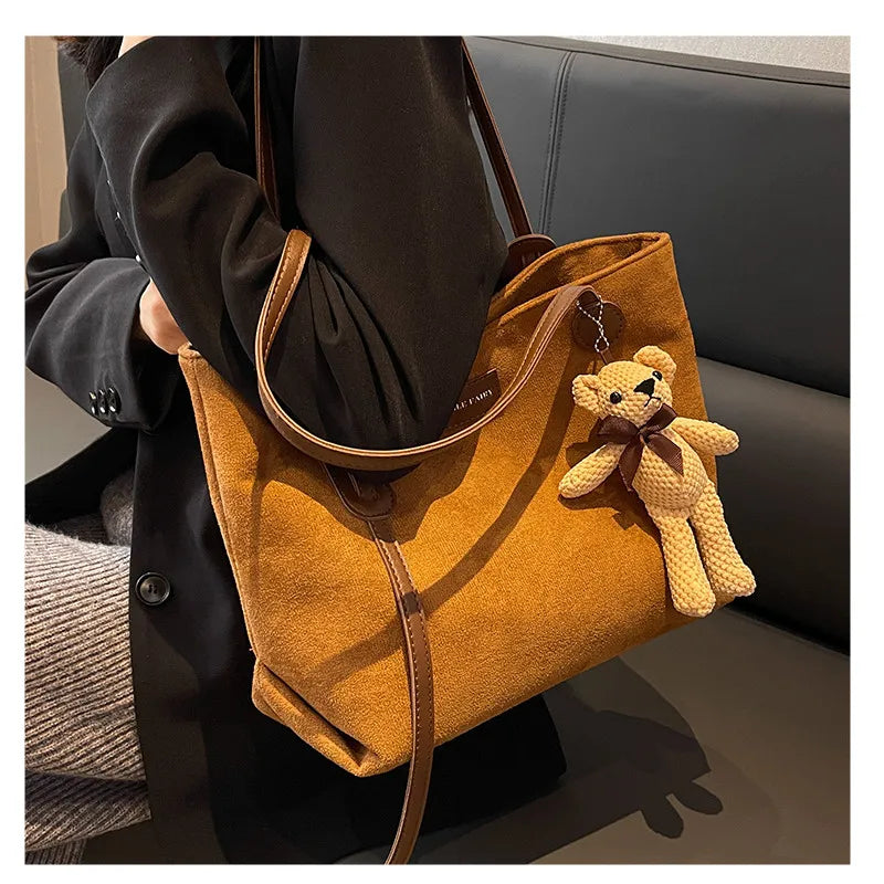 Winter Retro Tote Bag Suede Handbags for Women with Bear Pendant