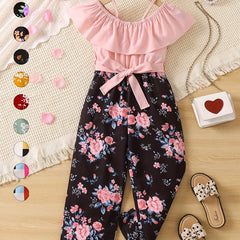 Girls Floral Puff Sleeve Romper, One Shoulder