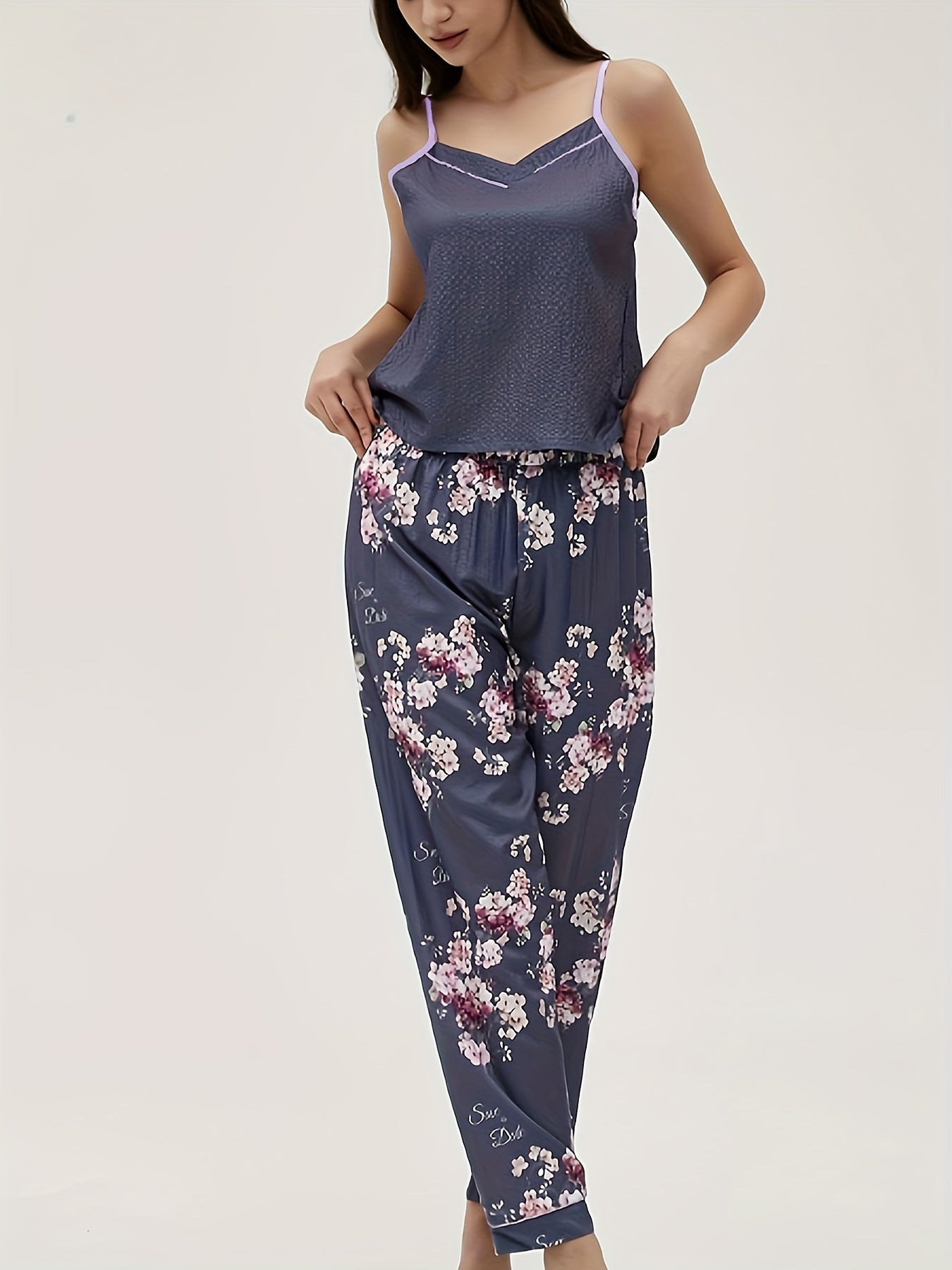 Floral Print Pajama Set V Neck Cami Top & Elastic Waistband Pants