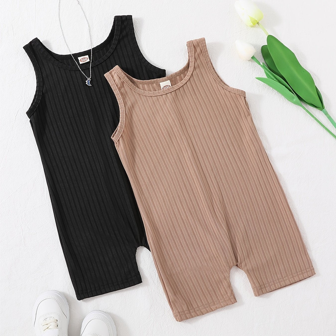 2pcs Toddler Girls Ribbed Rompers Jumpsuit